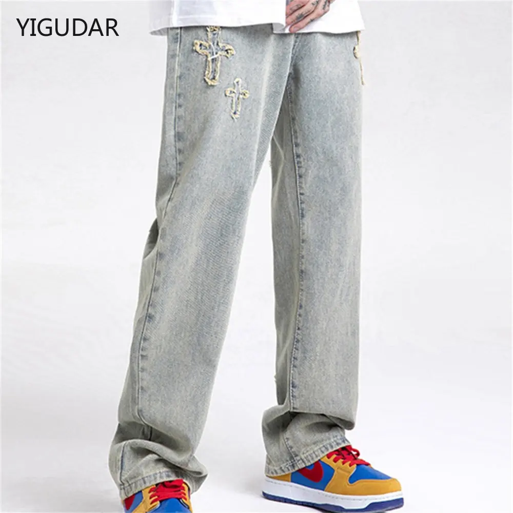Y2K Men's jeans European and American high street cross embroidery hip-hop tide brand straight loose wide-leg pants ins hot sale