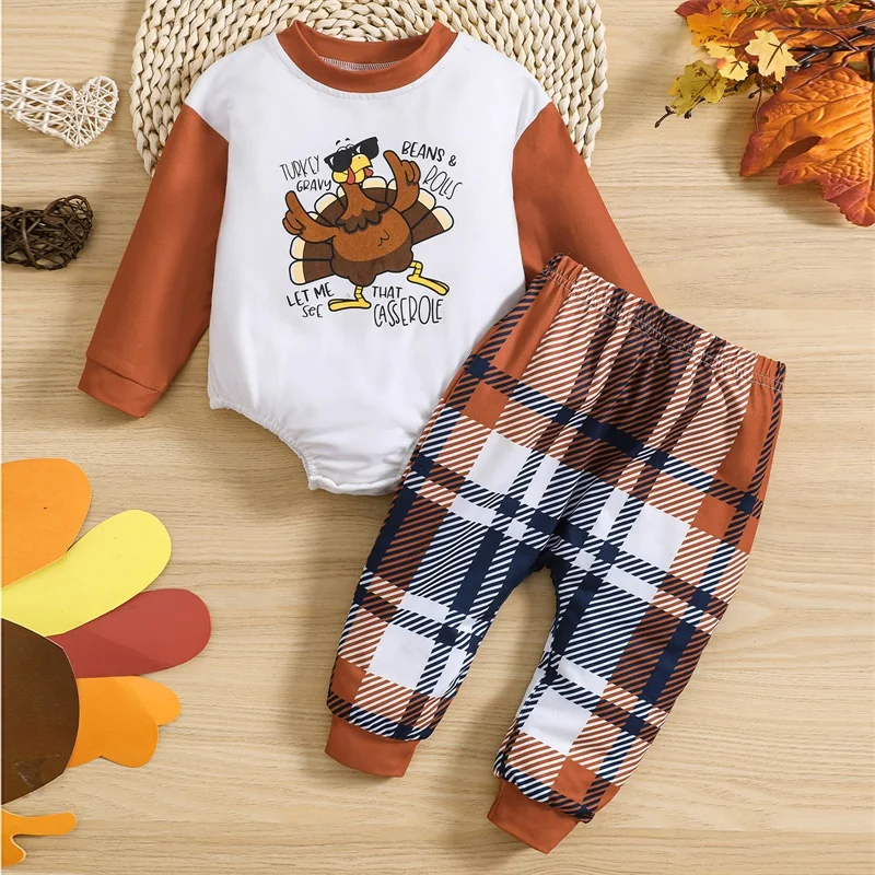 

2023-08-02 Lioraitiin 0-18M Baby Boys Clothes Set Long Sleeve Crew Neck Turkey Print Romper Plaid Pants Thanksgiving Clothes