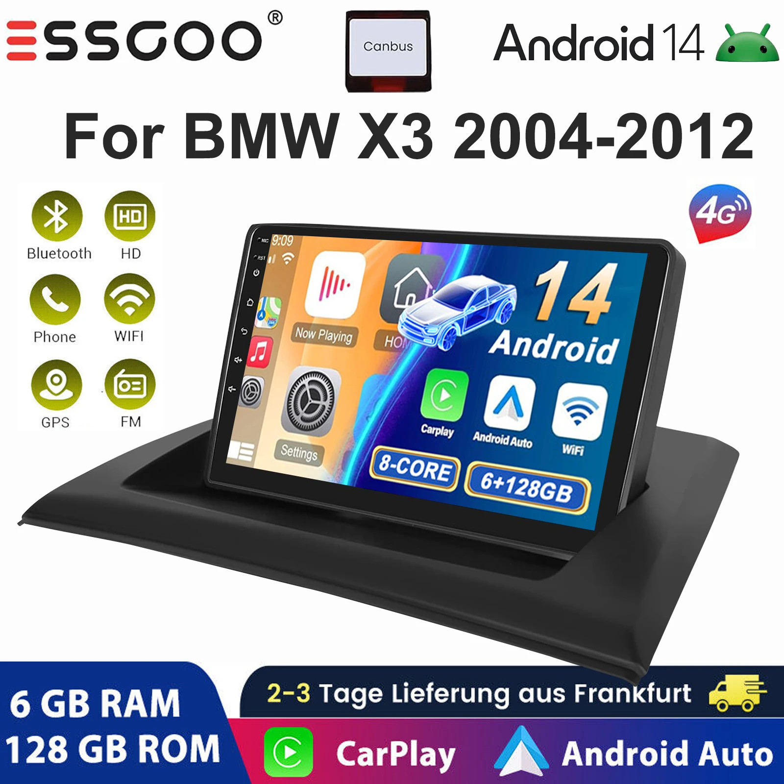 ESSGOO 4G 9-Zoll HD Touchscreen Android 14 Autoradio 6+128 GB für BMW X3 2004–2012 FM Radio Wireless CarPlay Android Auto Multimedia-Videoplayer Mirror Link Headunit GPS-Navigation Bluetooth WiFi Lenkradsteuerung