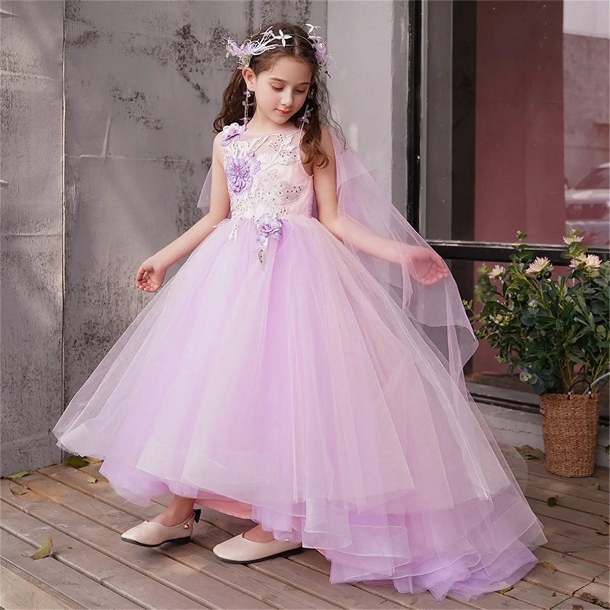 

Purple Fluffy Tulle Sleeveless Applique Flower Girl Dress Wedding Noble Flower Children's First Communion Celebration Kid Dress