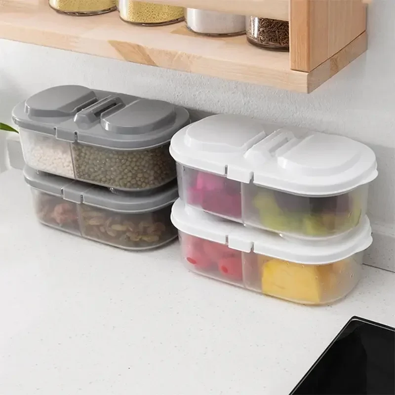 Double-compartment Covered Storage Box Kitchen Food Grains Sealed Jar Spice Storage Box Sealed Crisper Plastic Flip Crisper