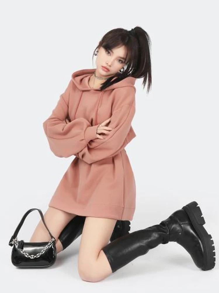 

MUCHA DRY ROSE LONG SLEEVE HOODIE W/W SOFT LUX PLUSH THICKENED WAIST DRESS A-LINE DRESS