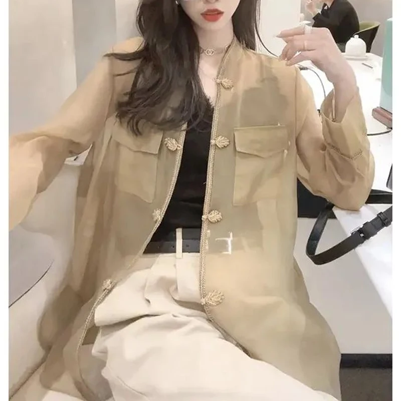 

Summer Korean Style Thin Style Shirt Women Stand Collar Fashion Long Sleeve Button Cardigan Solid Color Sheer All-match Tops
