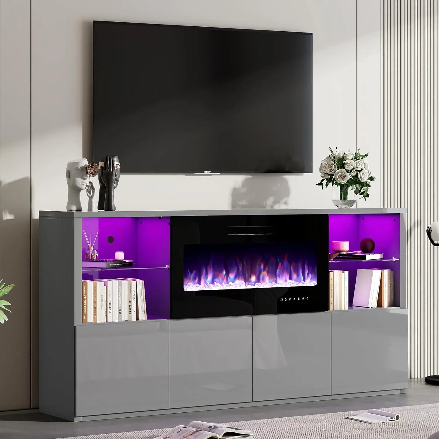 

68" Modern Fireplace TV Stand for TVs up to 75", High Gloss Entertainment Center with 40" Fireplace, 4 Shelves &Storage Cabinets