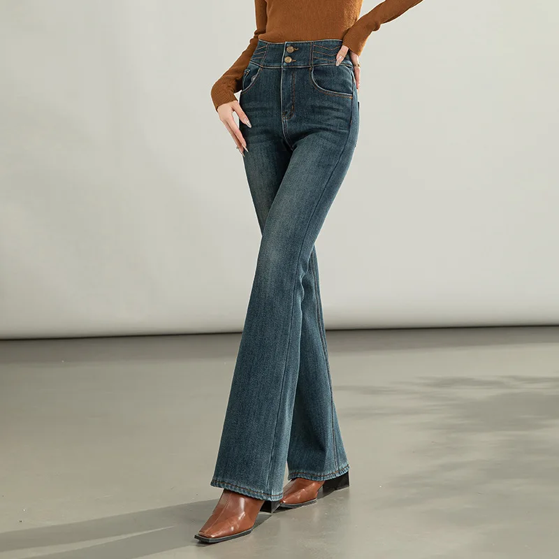 

Women New Fashion Flare Denim Jeans Autumn Spring High Waist Embroidered Retro Vintage Flared Pants Brand Thicken S To 5XL 8062