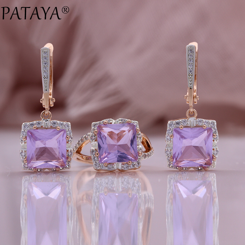 PATAYA Hot Sparkling Purple Natural Zircon Square Rings Earring for Women 585 Rose Gold Color Crystal Vintage Jewelry Sets