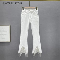 Cropped Jeans Women's Tassel Diamond-Embedded 2024 New Spring High Waist Slimming Denim Pants Y2k Clothes Denim Trousers Female