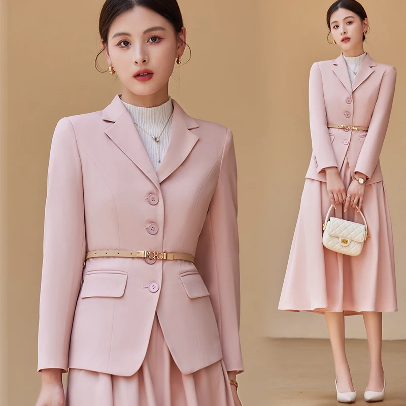 Spring Autumn High Quality Korean Female Formal Womens Office Ladies Work Wear Blazer Long Skirt  2-piece Sets (without Belt)