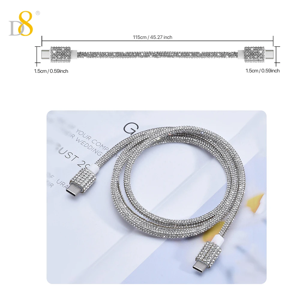 D8 60W USB C to USB C 케이블 고속 충전, 크리스탈 장식, 다이아몬드 샤인, 아이폰 15 프로 플러스 프로 맥스, 맥부용