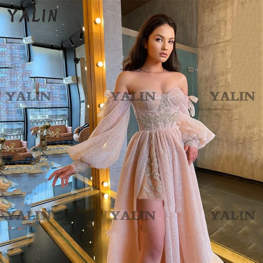 

YALIN Glitter Off The Shoulder High Slit Party Dress Applique Beads Lace Up Prom Sweep Train Dusty Pink Evening Gowns