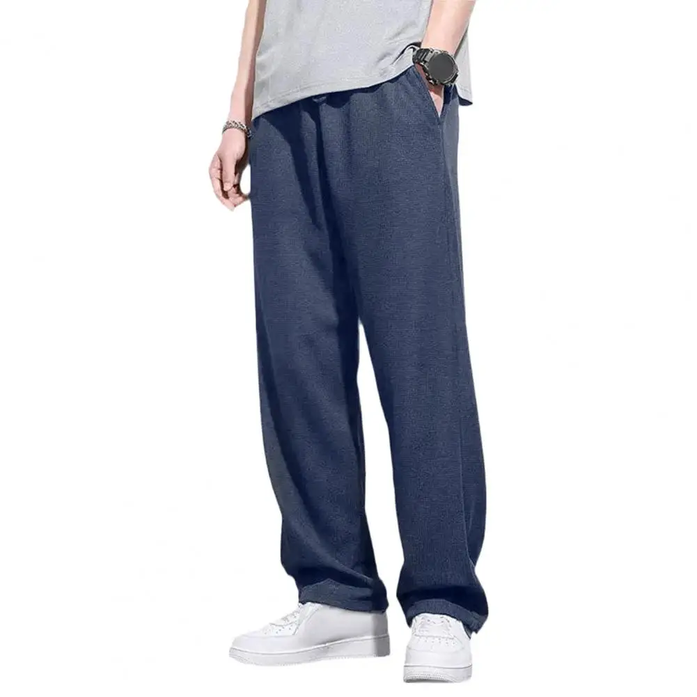 Description Picture 5 of itemMen Pants Loose Straight Drawstring Elastic Waist Pockets Solid Color Breathable Soft Full Length Casual Sweatpants Daily Long T