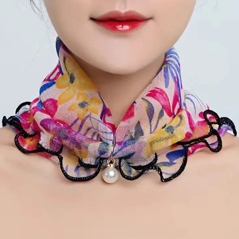 New Fashion Neck Collar Print Shiny Variety Loop Scarf Ruffle Lace Scarf Pearl Pendant Organza Chiffon Scarves Bandana Headband 5