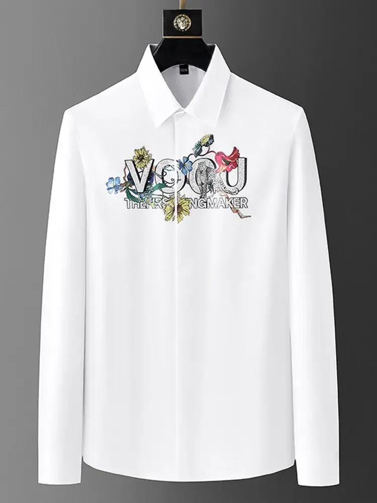 Business Casual Men's Shirt with Leopard Print and Letter Print, Long Sleeve, Anti-Wrinkle and Non-Iron, High Quality Shirt
