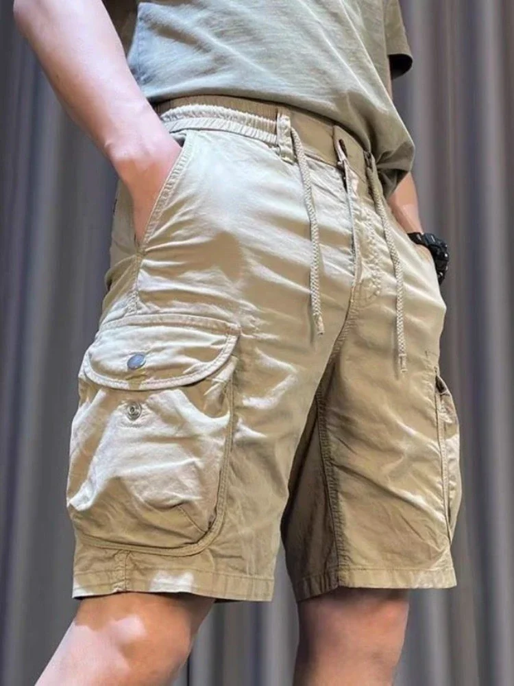 주머니가 있는 남성용 짧은 바지, 녹색 단추 카고 반바지, 우아하고 크고 큰 럭셔리 옴므, 나일론 인기 코튼 와이드, 신제품