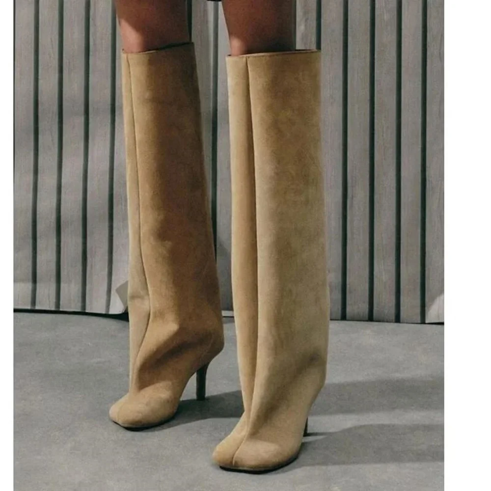 

Женские замшевые сапоги до колена, однотонные сапоги на шпильке, с разрезом, на высоком каблуке, модная подиумная обувь, 2024