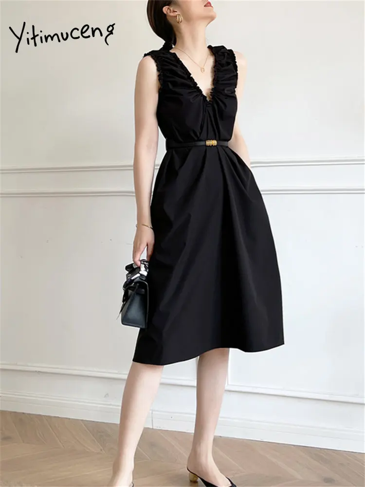 

BabYoung Black For Women 2023 New Fashion V Neck Sleeveless Summer Dress Elegant BabYoung Casual Solid A Line Dresses