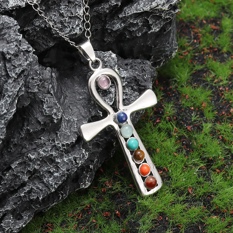 

Classic Cross Seven-Color Energy Stone Pendant Necklace for Men and Women Casual Amulet Accessories Gift