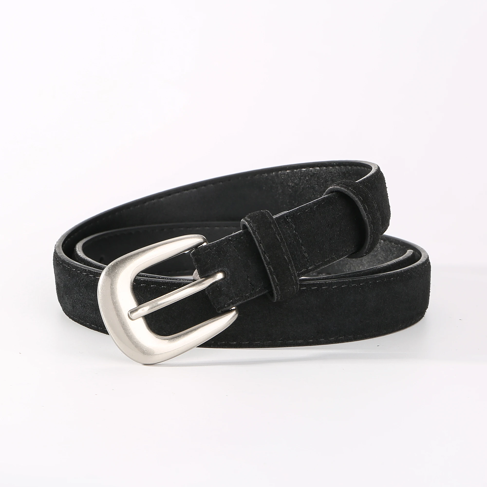 Women's Fashion Suede Leather Belt with Silver Buckle