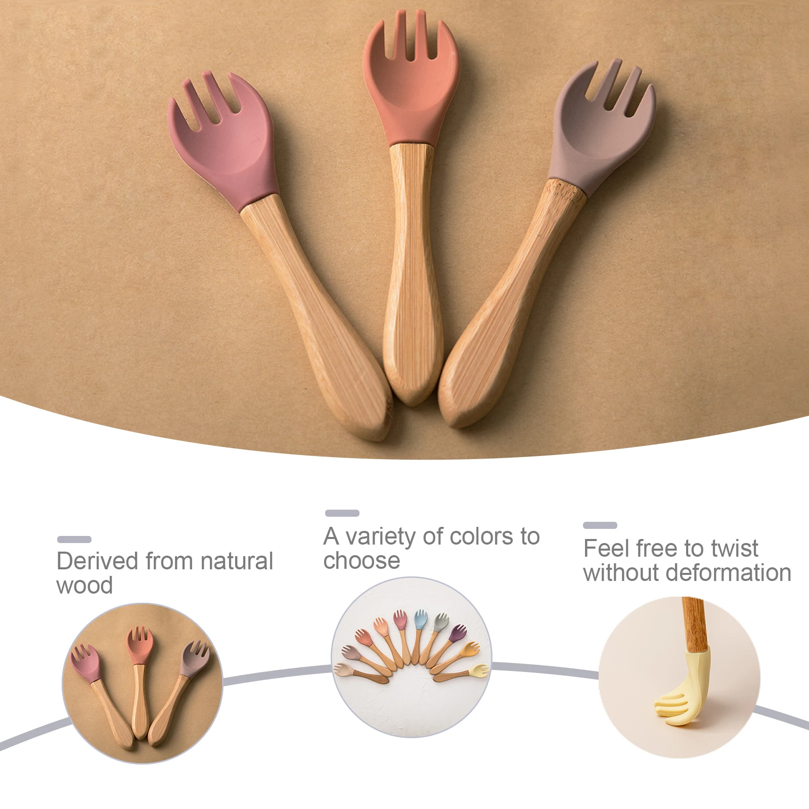 Children Food Grade Silicone Spoon Fork For Infait Wooden Handle Silicone Spoon Fork Cutlery Baby Feeding Learn To Eat Tableware