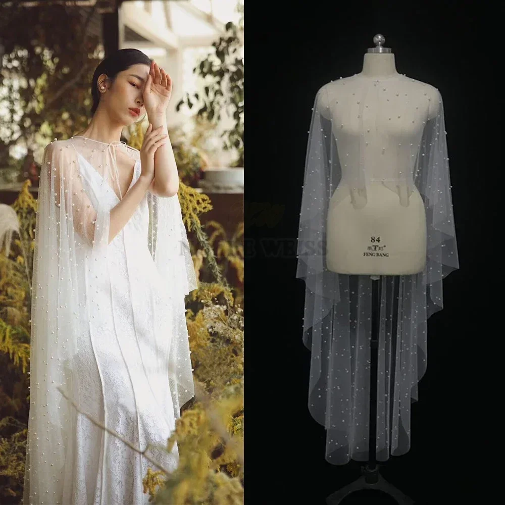 Wedding Shawl Pearls High Low Wedding Wrap Tulle Prom Party Shawl BOLERO Bridal Cape Wedding jacket Customized