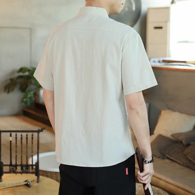 Men Chinese Style Shirts Mens Tops Tang Suit Linen 3/4 Sleeve Solid Traditional Kung Fu China Type Hanfu Shirt Plus Size 4XL 5XL