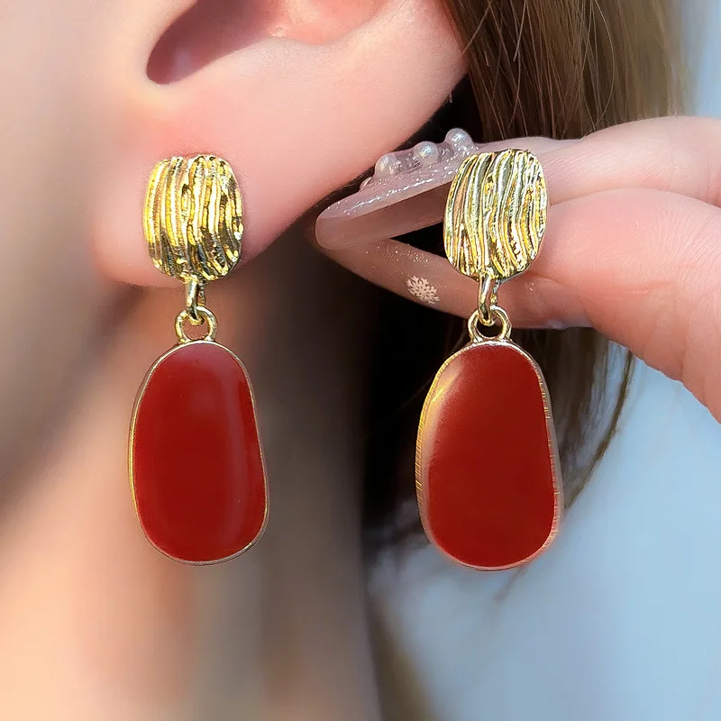 Серьги-подвески женские с красной эмалью, масляные Ювелирные Изделия Неправильной геометрической формы, Винтажные висячие ювелирные украшения золотого цвета из металла