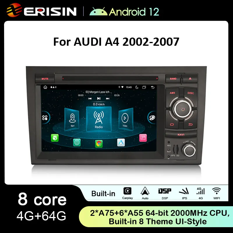 Erisin 안드로이드 12.0 오토라디오 GPS 내비게이션, 아우디 A4 S4 RS4 B9 B7 시트 EXEO 무선 카플레이, 자동 4G WiFi BT DSP, ES8938A, 8 코어