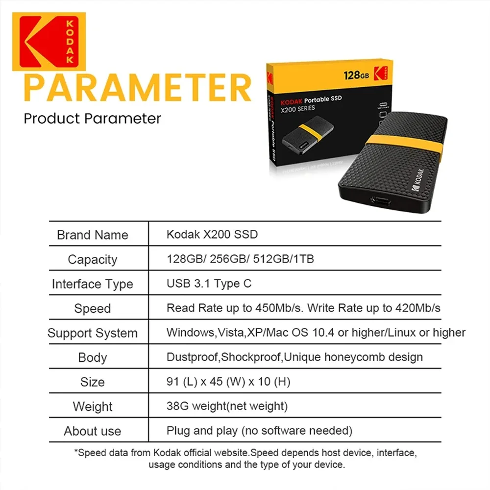Kodak X200 Portable SSD 1TB 512G USB 3.1 Type C External Drive Hard Disk 512GB 256GB Solid State Drive For PS4 Laptop Macbook PC external hard drive solid flash drive