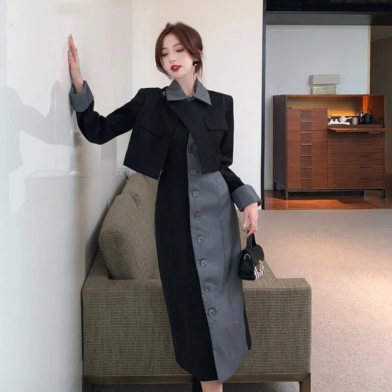 

Boreathiman Mature Lady Single-breasted Suit High-grade Feeling False Two-piece Dresses Autumn/Winter Black French Long Skirt