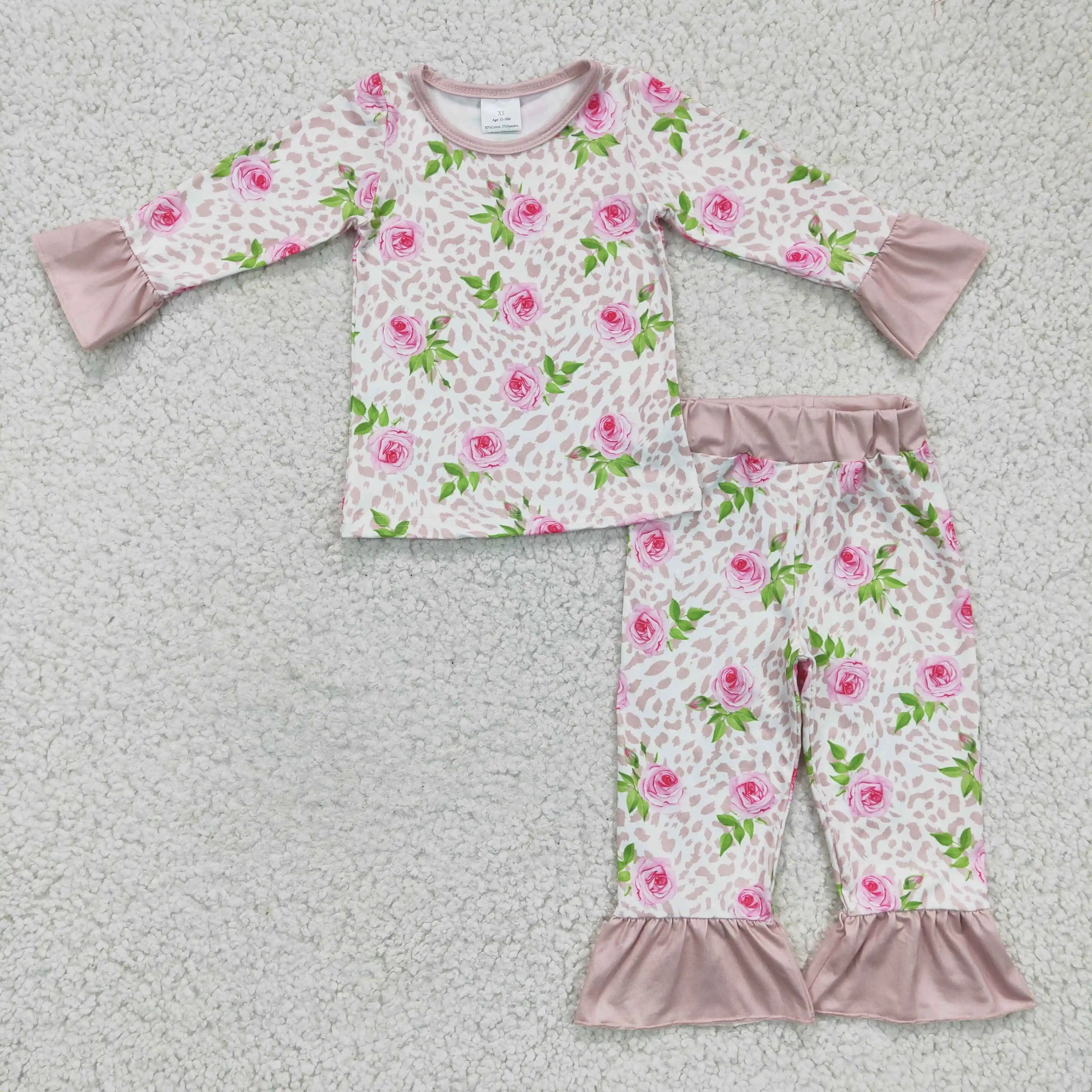 

GLP0367 girl long sleeve pajamas set with flowers and leopard print kids spring casual outfit