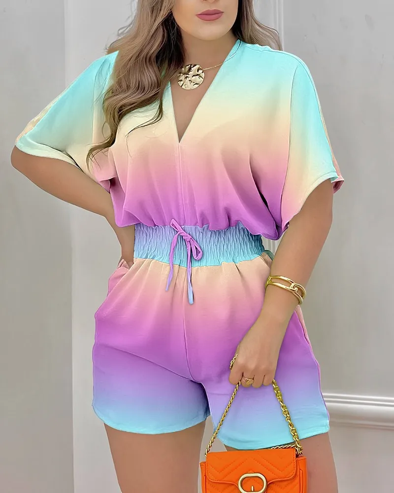 

Batwing Sleeve Shirred Waist Romper Women Summer Lace Up Solid Bandage V Neck Rompers & Playsuits Sexy Batwing Sleeve