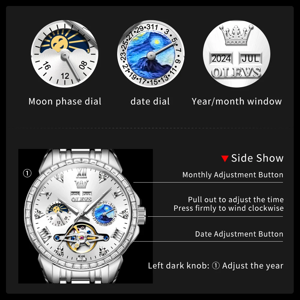 OLEVS 6712 Men Automatic Watch Original Hollow Skeleton Moon Phase Date Mechanical Watch For Men Waterproof Luxury Wristwatch