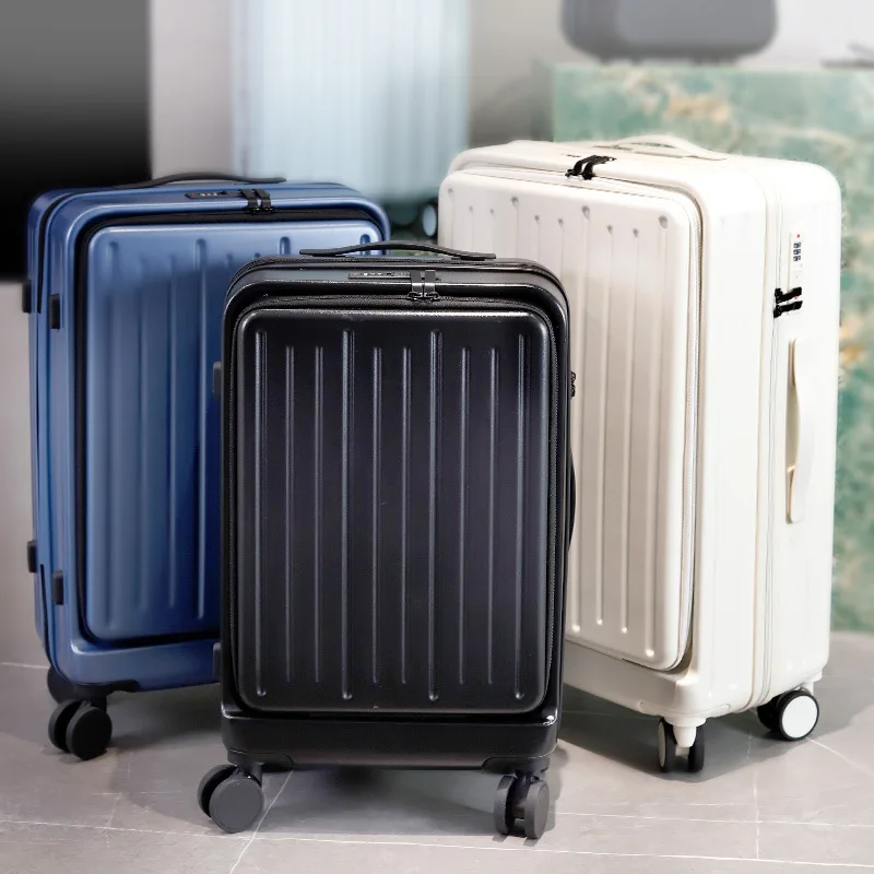 PLUENLI Front Open Cover Tape Double Password Lock Luggage Business Travel Trolley Case Unisex High-End Suitcase Leather Case