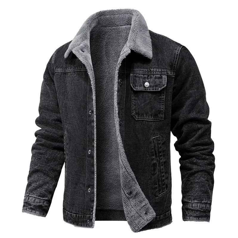 Winter Men's Denim Jacket Lapel Lamb Hair Thickened Warm Korean Fashion Casual Tight 5XL