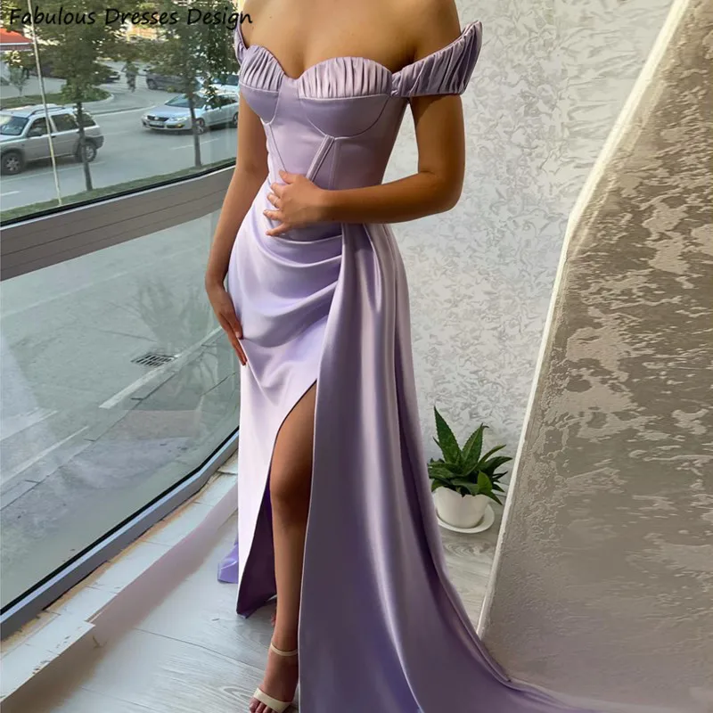 

Lavender Off Shoulder Bridesmaid Dresses Women Long Mermaid Slit Streamer Pleat Wedding Party Dress Sweetheart Neck Evening Gown