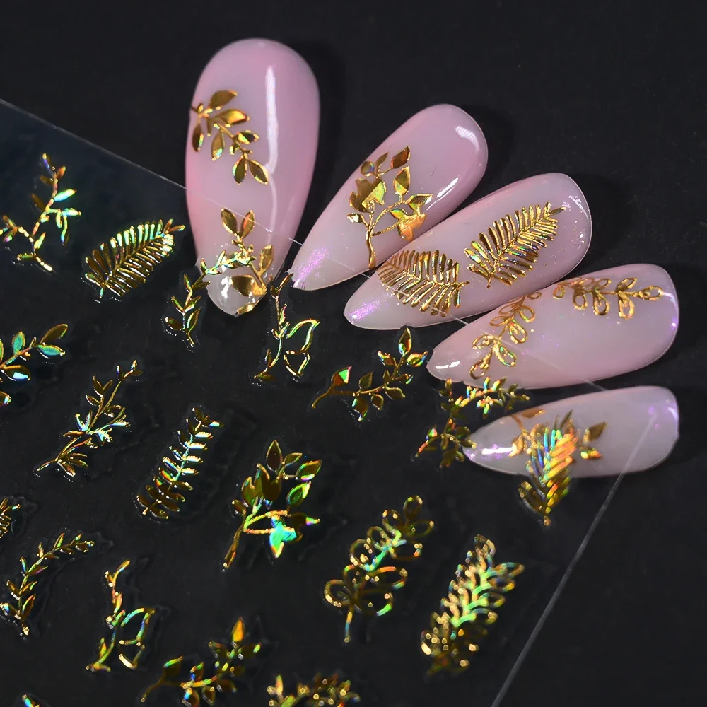 12 Stück/Set 3D Glänzende Blatt- und Blumen-Nagelaufkleber, Gold-Bronze-Blätter Nageldekoration 8*10cm Selbstklebende Nagelkunst-Zubehör e5 # – Detail 4