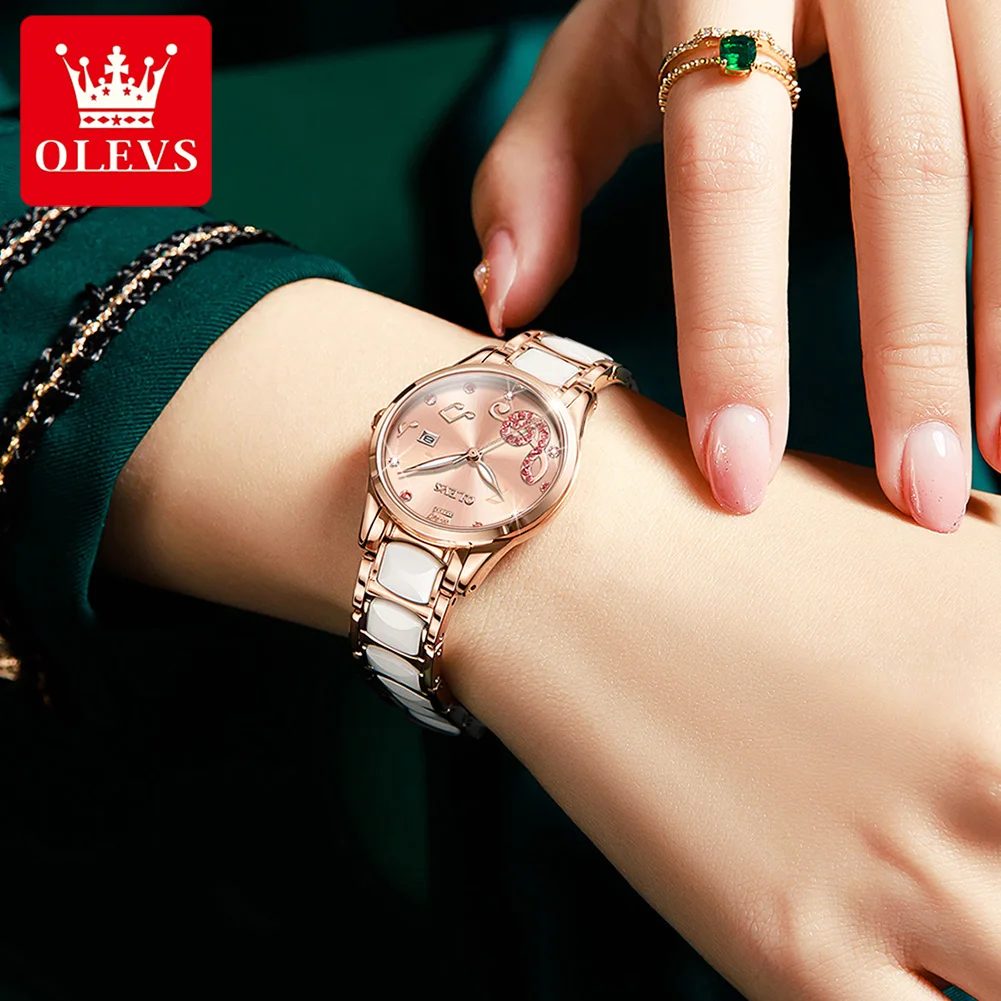 OLEVS Brands Fashion Rhinestone Quartz Watch for Women  Luxury Ceramic Strap Waterproof Calendar Ladies Wirstwatch Reloj Mujer