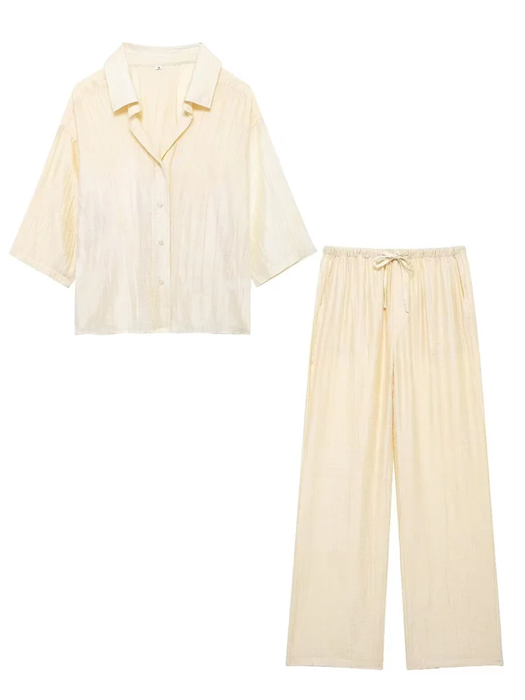 thumbnail image 1 of HH TRAF 2024 Traje femenino de manga larga con botonadura sencilla, cuello vuelto, camisa holgada con estampado + pantalón largo con lazo y cintura alta con cordones para mujer, 1 of 5