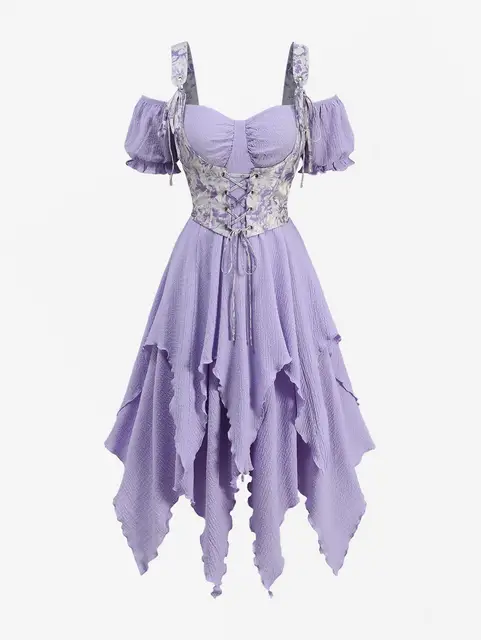 ROSEGAL Plus Size Women's Dresses Flower Printed Lace Up Corset Handkerchief Textured 2 in 1 Dress Asymmetrical Vestidos 5XL