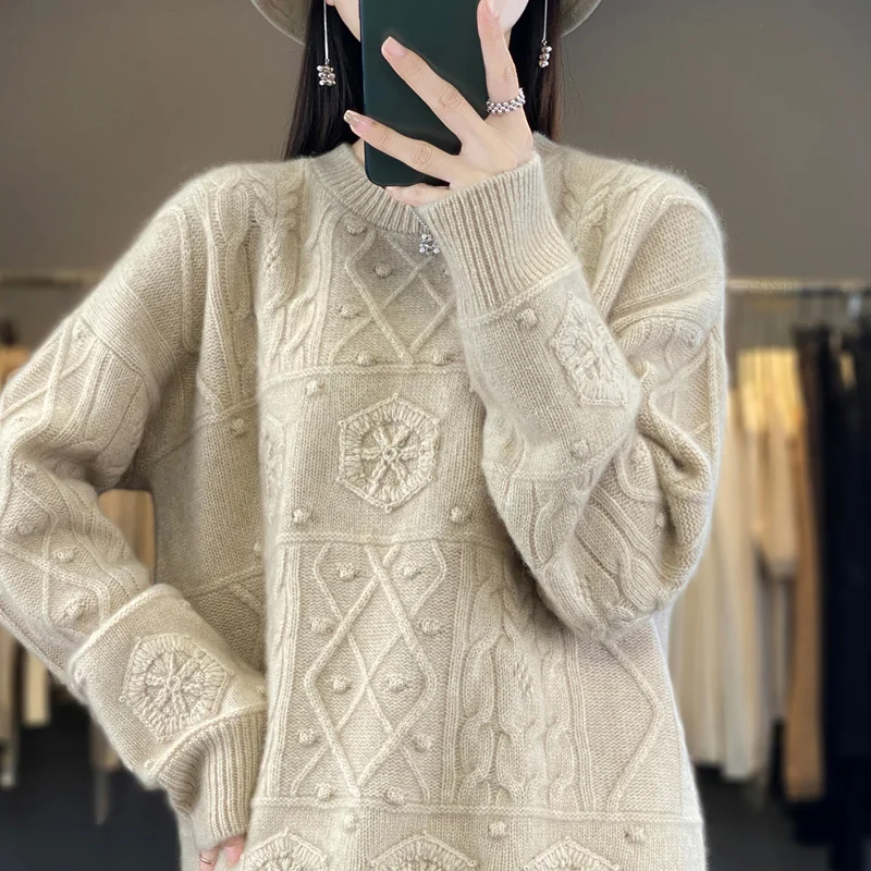 

Women's Pullover Autumn/Winter 100% Wool Sweater Casual Solid Color Thickened Knitwear Round Neck Ladies Tops Loose Blouse