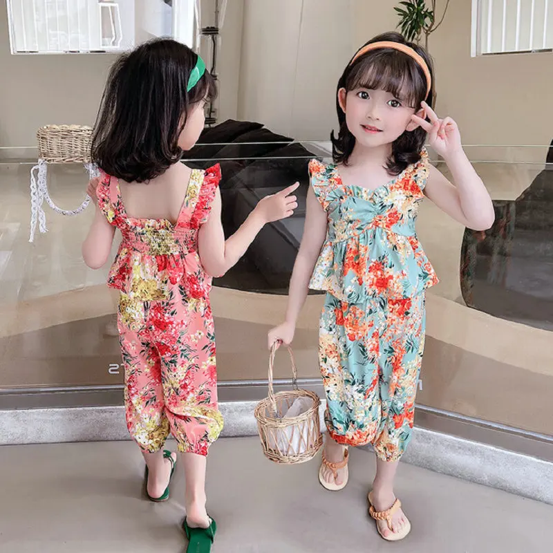 

Summer Casual Baby Girls Floral Ruffled Sleeves Backless Strapped Shirt Tops+Cropped Pant Set Kids 2PCS Suit Child Outfit 2-8Yrs