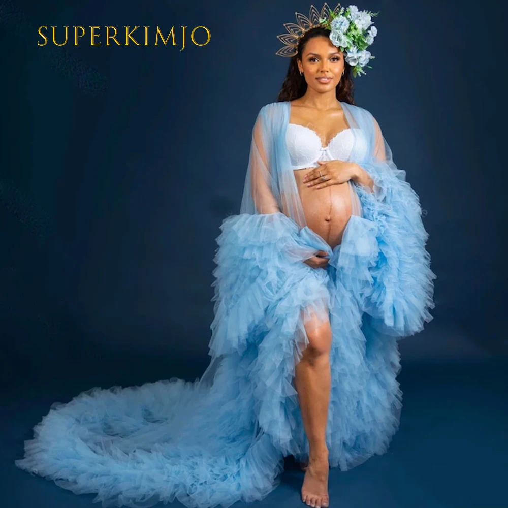 

New Fashion Ruffles Pregnant Women Dress for Maternity Picture Shoot Puffy African Cape Cloak Tulle Prom Dresses Robe De Bal