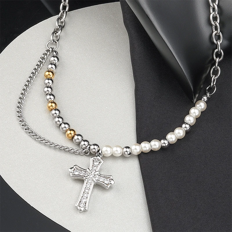 Titanium steel pearl cross necklace male fashion light luxury small collar chain senior feeling ruffian handsome accessories fem