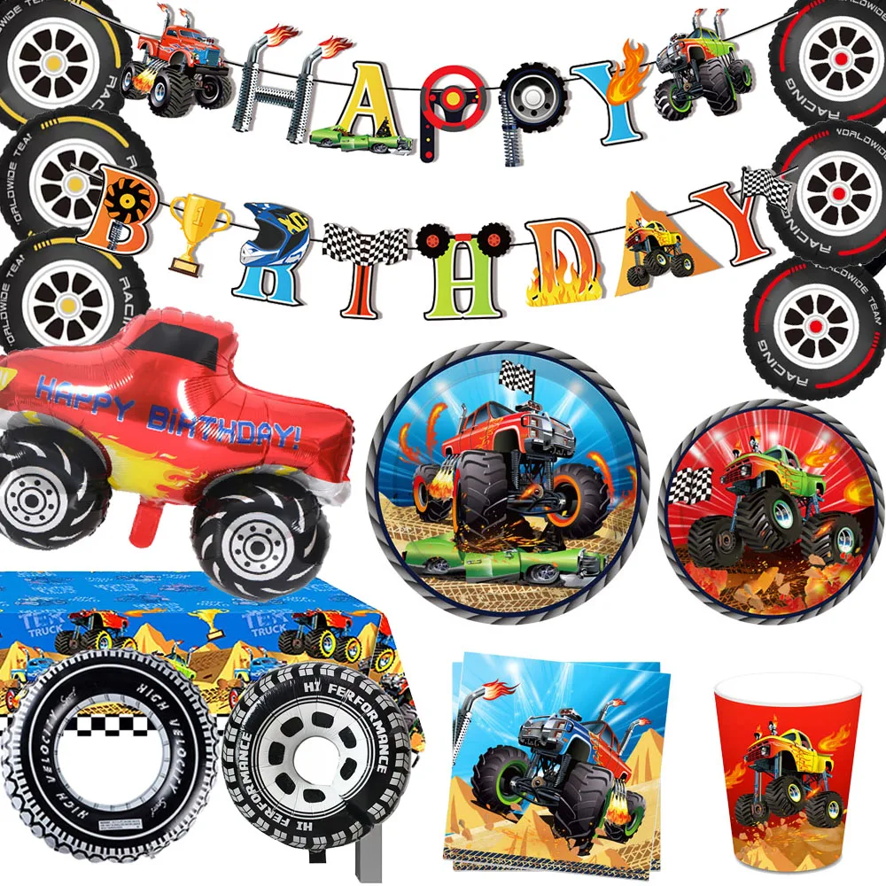 

Monster Truck Party Tableware Decorations Kids Truck Birthday Party Dessert Plates Napkins Baby Shower Truck Wheel Balloons