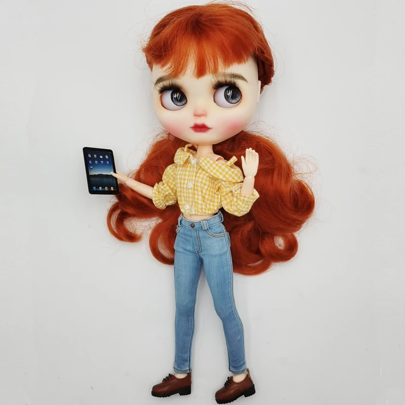 Blythe Doll Jeans Short Pants and Plaid Blouse for Ob24 Ob22 Azone Doll Clothes