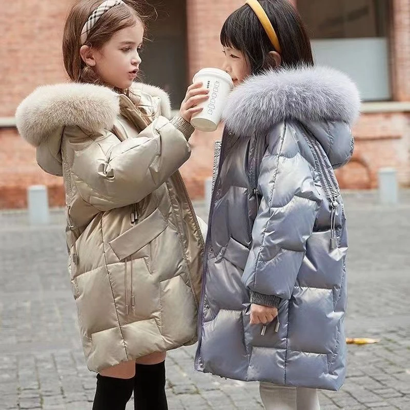 Fashion Girls Winter Coat Faux Fur Hooded Parkas Children Thickening Warm Bright Cotton Padded Jacket For Kids Outwear TZ659