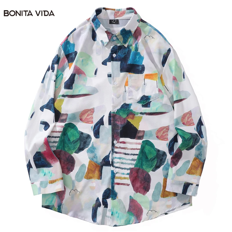 

Abstract Colorblock Painting Hawaiian Shirts For Men Autumn Trendy Lapel Single Breasted Long Sleeve Shirt Women Youth Blouse