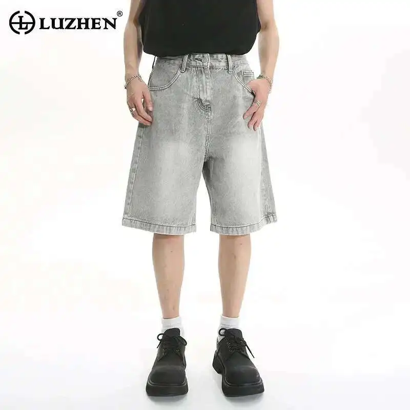 LUZHEN Summer Men Casual Shorts Loose Jeans High Mid Waist Fashion Knee Lenght Denim Short Pants Vintage Washed Male New LZ9723