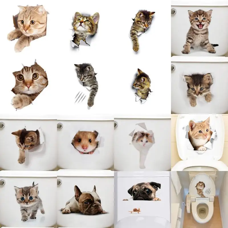Vivid 3d Hole Cat Dog Animal Toilet Stickers Home Decoration Diy Wc Washroom Pvc Posters Puppy Kitten Cartoon Wall Art Decals