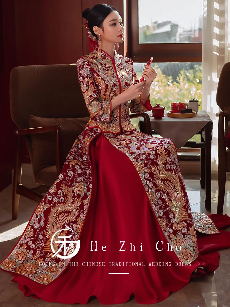 Vintage Dragon and Phoenix Embroidery Wedding Cheongsam Chinese Style Marriage Set Bride Costume Toast Clothing